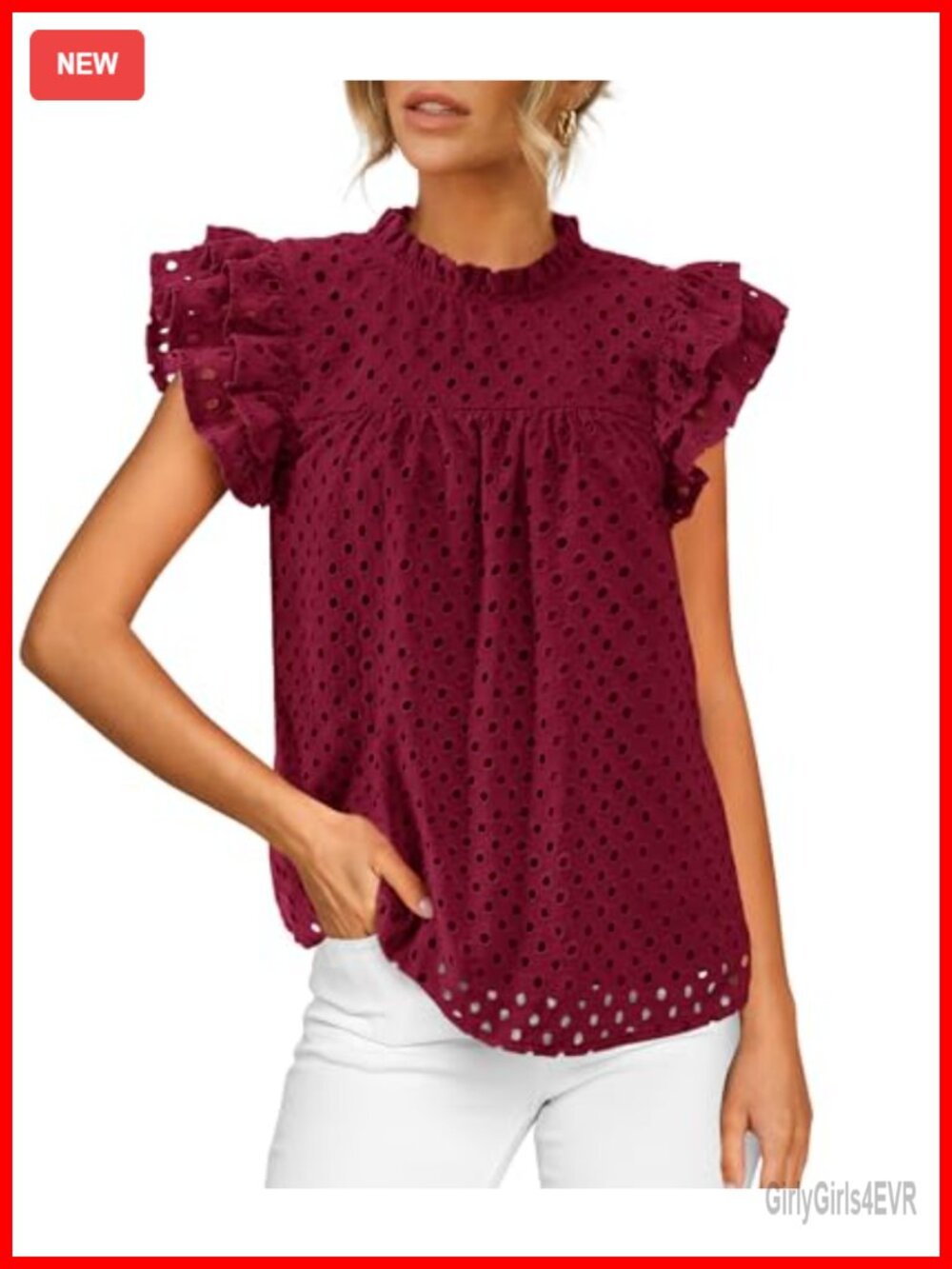 Women's Eyelet Lace Ruffle Sleeve Top Crewneck Blouse Loose Fit